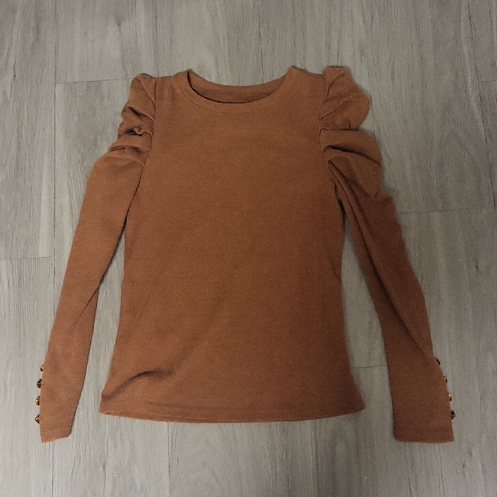 Brown Long-Sleeve Puff Shoulder Top